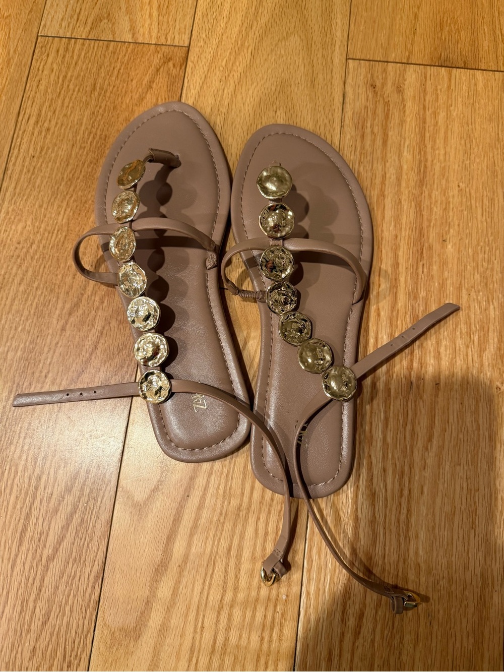 Zara tan T-Strap Sandals with Gold Medallion Coins